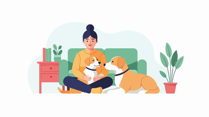 A cheerful illustration of a woman interacting with two dogs in a home setting, surrounded by plants