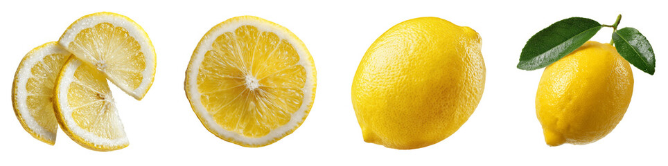 Collection of fresh whole yellow lemon and citrus fruit slices with green leaves isolated PNG, transparent background