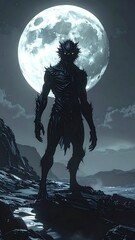 A dark creature stands on rocks under a large moon