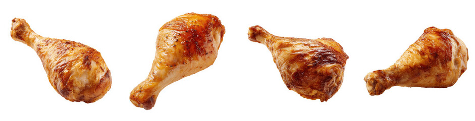 Set of roasted chicken drumsticks with crispy golden brown skin isolated, PNG transparent background