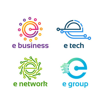 Set of four modern e logos representing business technology network and group concepts.