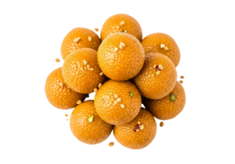 sesame coated orange dessert balls on white background