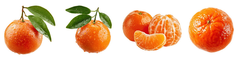 Fresh Mandarin Tangerine Fruit Collection with Green Leaves and Water Drops, Whole and Peeled Citrus Isolated, PNG, transparent background