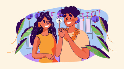 Couple celebrating tropical festival party holding sparkler festive decorations lanterns garlands palm leaves smiling characters colorful background