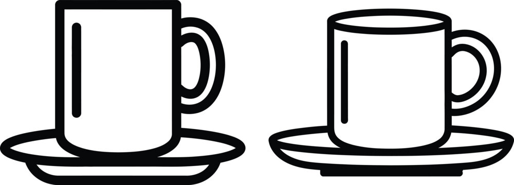 Two coffee mugs in line art illustration, one square and one rounded, on saucers