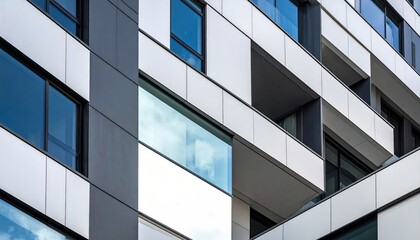 Modern White Building Facade With Reflective Glass Windows And Balconies Against A Clear Sky
