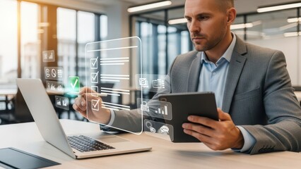Businessman using tablet and laptop, isolated on transparent background