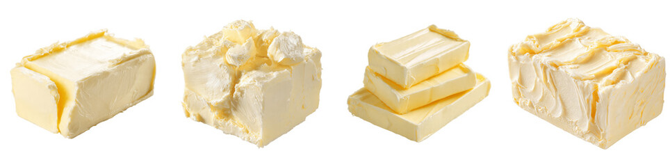 Fresh organic dairy butter blocks and slices collection set for cooking and baking PNG, transparent background