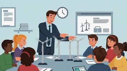 Teacher educates diverse students on renewable wind energy principles, fostering environmental awareness and sustainable technology for a greener future - Powered by Adobe
