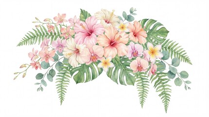 Elegant Watercolor Tropical Floral Arrangement with Hibiscus, Orchids, Monstera, and Fern Leaves, Perfect for Summer Invitations and Exotic Designs