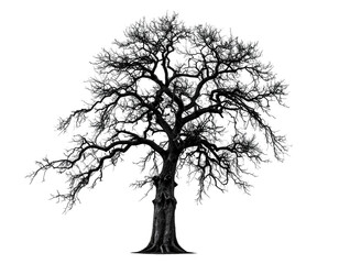 Solitary, gnarled tree silhouette against black