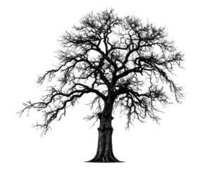 Solitary, gnarled tree silhouette against black