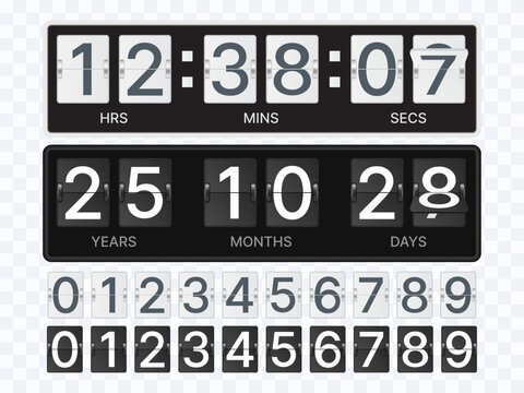 White and Black Flip Clock and Timer Vector Set, Mechanical Split-Flap Display with Hours, Minutes, Seconds, Years, Months and Days, Retro Time Counter and Countdown Illustration