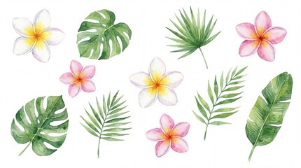 Watercolor tropical plants and flowers lush palm leaves, exotic monstera foliage, and delicate plumeria blossoms, ideal for summer, vacation, and island-themed designs