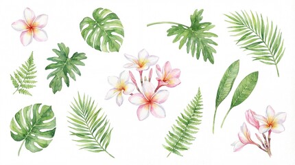 Watercolor set of tropical leaves and exotic plumeria flowers, perfect for creating summer-themed designs, botanical invitations, and vibrant digital graphics
