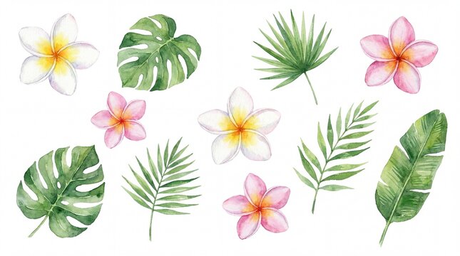 Watercolor tropical plants and flowers lush palm leaves, exotic monstera foliage, and delicate plumeria blossoms, ideal for summer, vacation, and island-themed designs
