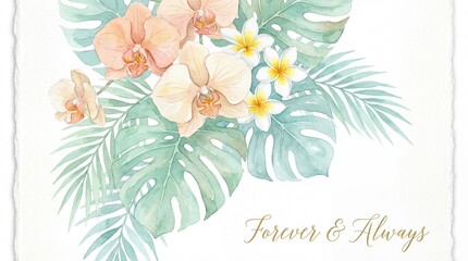 Gentle watercolor tropical bouquet featuring soft peach orchids, white plumeria, and lush green leaves, embodying eternal love and unwavering commitment
