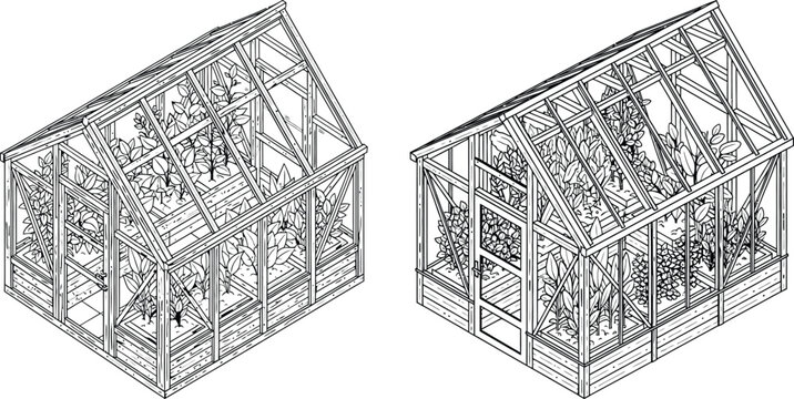 Two isometric greenhouses filled with foliage, linear design, growing vegetables and herbs