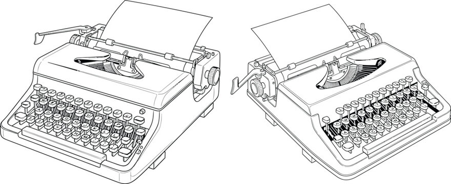 Two isometric vintage typewriter line illustrations with paper, great for creative writing or journalism resources