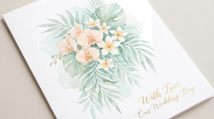 Elegant watercolor tropical floral bouquet for a wedding day card, featuring delicate pastel orchids and plumeria with lush green leaves, perfect for heartfelt celebrations