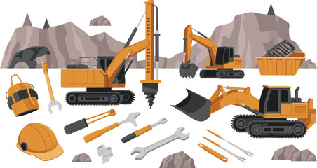 Construction and mining machinery illustration, excavators, drilling equipment, heavy vehicles, tools and safety gear, industrial worksite vector set