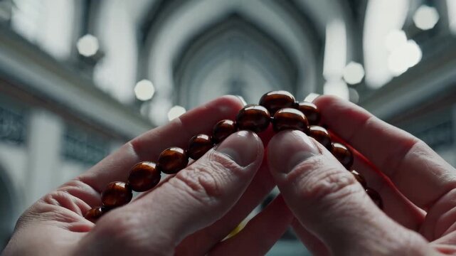 Hands gently move prayer beads inside a mosque, expressing calm devotion and quiet reflection.