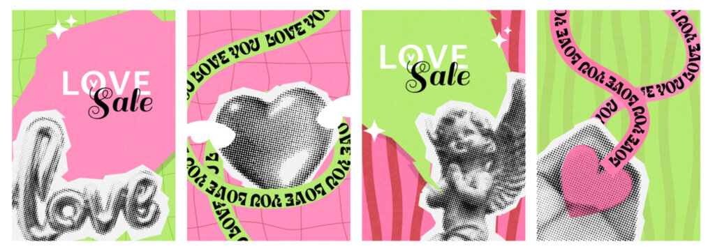 valentine day halftone collage poster set. a4 card with retro cut out paper elements in y2k style. heart, cupid, angel, love, ripped sticker in vector dotted effect
