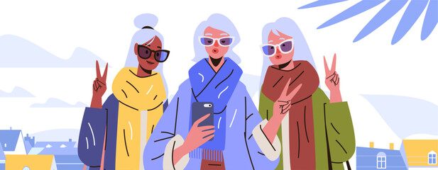 Active seniors group selfie outdoor winter clothing peace gesture sunglasses colorful houses background modern flat design