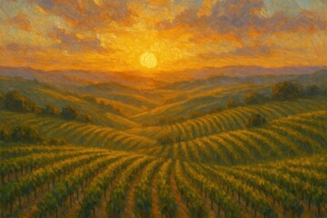 Fototapeta premium Vibrant sunset over vineyard landscape background