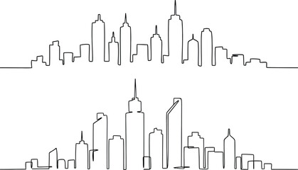 Obraz premium Two minimalist skyline illustrations with skyscraper silhouettes in continuous line art style, design