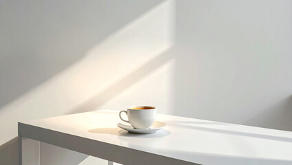 White Coffee Cup on Table with Morning Sunlight and Shadows