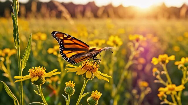 Monarch butterfly perched on a yellow flower in a vibrant field during sunset with a warm glow