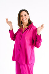 Smiling Woman In Pink Satin Pajamas