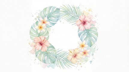 Delicate watercolor tropical wreath featuring pastel flowers and lush leaves, ideal for elegant summer greetings, invitations, and romantic design concepts