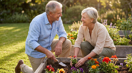 Happy senior couple smiling and gardening together, planting colorful flowers in a raised wooden bed in their backyard during sunset.