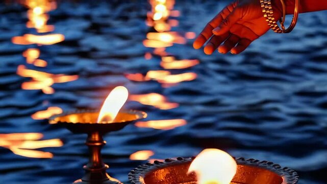 A serene aarti ceremony by a river with softly circling lamps and shimmering reflections.