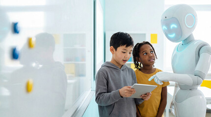 Friendly white humanoid robot teacher pointing at digital tablet screen held by Asian boy and Black girl in bright modern school classroom setting