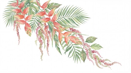Elegant watercolor tropical floral arrangement showcasing vibrant exotic blooms, lush green foliage, and delicate cascading accents, ideal for decorative designs