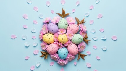 Colorful easter eggs in a basket isolated on transparent background