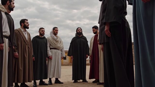 A tense biblical moment shows Jesus calmly intervening to prevent violence, emphasizing mercy and moral reflection.