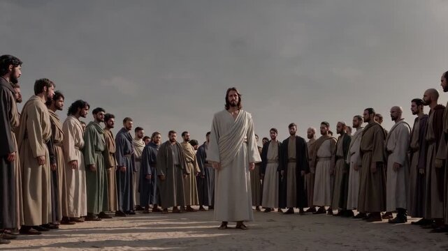 A tense biblical moment shows Jesus calmly intervening to prevent violence, emphasizing mercy and moral reflection.
