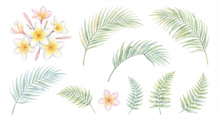 Delicate watercolor tropical leaves and plumeria flowers illustration set, a beautiful hand-painted botanical collection for summer designs