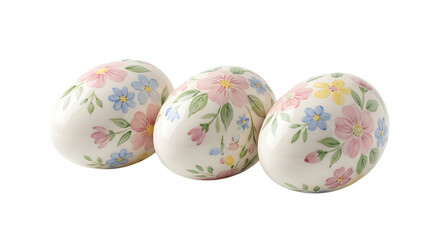 Transparency PNG Floral Easter Eggs: Three intricately decorated eggs, adorned with delicate floral patterns in pastel hues, evoke a sense of springtime and celebration.