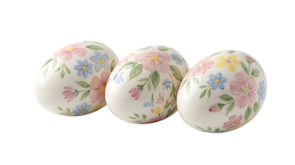 Transparency PNG Floral Easter Eggs: Three intricately decorated eggs, adorned with delicate floral patterns in pastel hues, evoke a sense of springtime and celebration.
