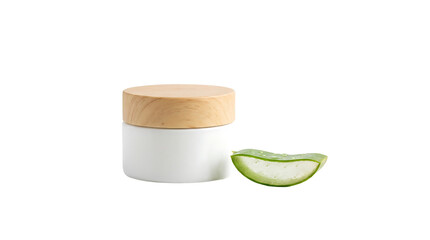 Transparency PNG, Aloe Vera Wellness: A minimalist composition showcasing a skincare cream jar next to a vibrant aloe vera leaf segment, symbolizing natural wellness and skincare.