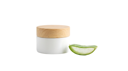 Transparency PNG, Aloe Vera Wellness: A minimalist composition showcasing a skincare cream jar next to a vibrant aloe vera leaf segment, symbolizing natural wellness and skincare.
