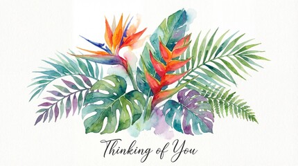 Watercolor botanical illustration showcasing a vibrant arrangement of exotic tropical flowers and lush palm fronds, perfect for conveying heartfelt well-wishes and warm sentiments