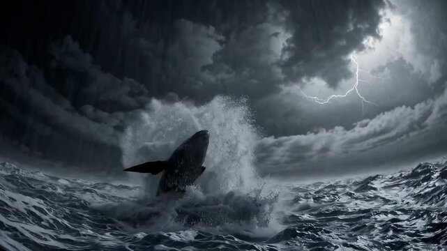 A dramatic, stormy depiction of Jonah and the great fish, filled with motion and suspense.