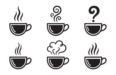 Obraz premium Set of coffee cup icons with steam swirls and question marks for morning caffeine break and beverage