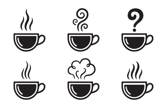 Set of coffee cup icons with steam swirls and question marks for morning caffeine break and beverage